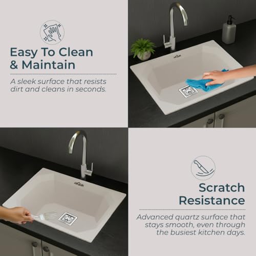 Image of ARQUIN Quartz Kitchen Sink 24x18x9 Inch Rosa Diamond | Single Bowl Sink | Durable & Scratch-Resistant | Undermount /Topmount Including Coupling, Waste Pipe & Fruit Washing Basket
