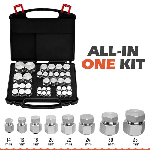 Image of SPARKWHIZ 72Pcs Heavy Duty DIN Cap & Plug Assortment Hydraulic Adapter Fitting Kit Set, Galvanized Steel with Precision Threading Dash Sizes 14 16 18 20 22 24 30 36