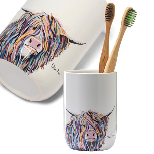 Croydex Art by Steven Brown Angus McCoo Tumbler - Ceramic Toothbrush Holder, Freestanding Bathroom Accessory Featuring Highland Cow Design, Matching Accessories Available