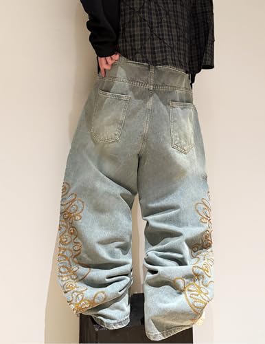 QGRSWBC Embroidered Jeans for Men Baggy Hip Hop Wide Leg Denim Pants Loose Fit Y2K Skater Long Trousers Blue — view 3