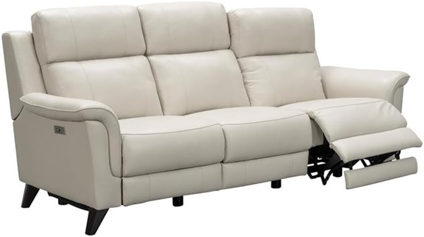 Pemberly Row Power Reclining Upholstered Sofa, Laurel Cream Leather Match, Mid-Century Modern Style, Box Seat Pad Over Chaise, USB Ports, Pocketed Coil Springs, Durable Teak Legs, Living Room Seating