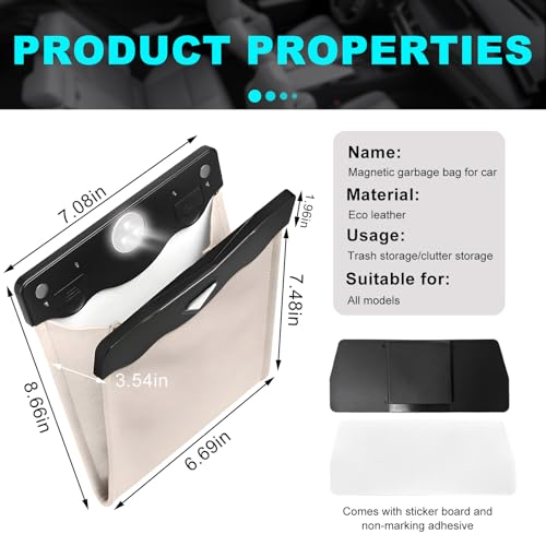 Image of Yourkar Car Hanging Trash Can, Magnetic Closure LED Light Auto Trash Bag Storage Pocket, Collapsible Waterproof Leather Hanging Trash Can with Disposable Trash Bag, Car Accessories (Beige)