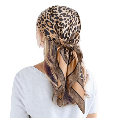 QBSM 89 cm großes quadratisches Kopftuch aus Satin seidiges Gefühl Halstücher für Damen leichtes Kopftuch zum Schlafen Leopardenmuster Braun 35 x 35