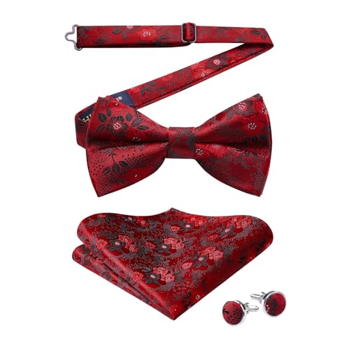 Image of HISDERN Bow Ties for Men Pre-Tied Bow Tie Floral Paisley Handkerchief Classic Formal Bowtie and Pocket Square Cufflinks Set