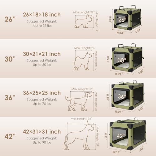 Image of EHEYCIGA Collapsible Dog Crate 30 Inches, Portable Travel Crate for Medium Dogs, Soft Foldable Pet Kennel with 4-Door Mesh Windows Indoor & Outdoor, Green
