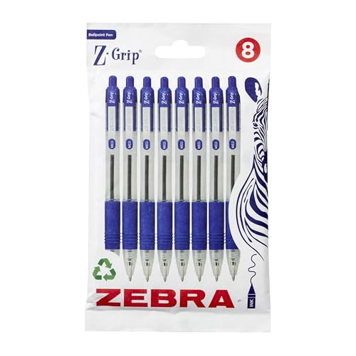 Zebra Pen Z Grip Blue Ballpoint Pens with Pocket Clip 8pk Retractable Blue Ink Ballpoint Pens Reliable Blue Biro Pens Multipack for Everyday Use New Pack Size 8pk