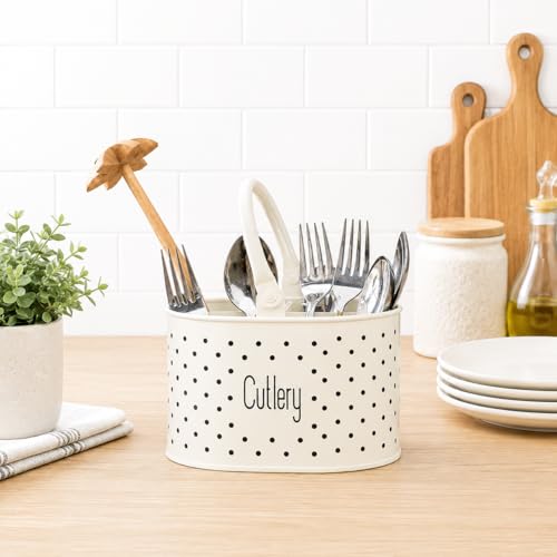 Image of MARKET 99 Galvanised Iron Stylish Ivory Cutlery Holder|Rustic Kitchen Utensil Organizer for Spoons,Forks,Knives|Multipurpose Countertop Rack for Dining Table & Office Desk|Vintage Finish,17x12x13 cm