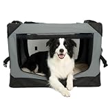 PETSEE 36 Inch Soft Collapsible Crate for Large Dogs, 4-Door Portable Foldable Soft Kennel with Chew Proof Mesh Windows for Indoor & Outdoor Travel Grey