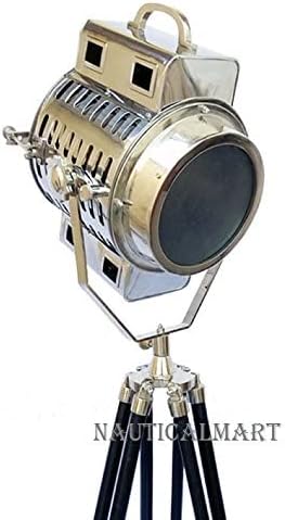 Nauticamart Marine Vintage Chrome Search Light Wooden Tripod Floor Lamp