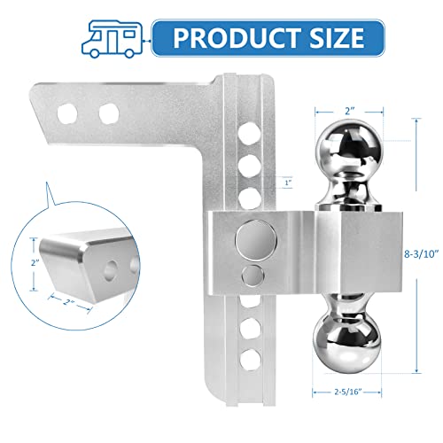 Adjustable Trailer Hitch - Tlvuvmo 8 Inch Drop Hitch For 2 Inch Receiver, Ball Mount Hitch 12,500 Lbs, 2" And 2-5/16" Stainless Steel Dual Balls, Aluminum Tow Hitch With Double Anti-Theft Pins Locks #TOP4