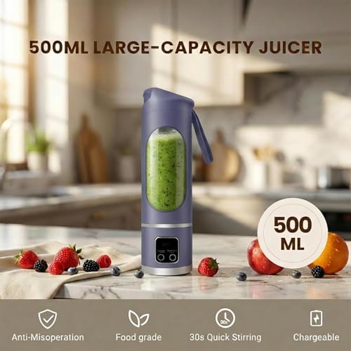 Image of Portable Electric Blender Bottle with Digital Display, Rechargeable Smoothie Maker, USB Juicer Mixer Grinder for Shakes, Juices, Baby Food & Protein Drinks Leakproof & Travel Friendly (Purple)