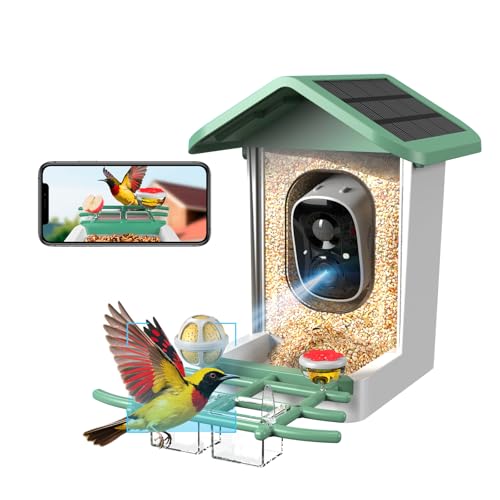 Bird Feeder with Camera, 2K Smart BirdCamera with Solar Powered, AI Identify Birds Species, Instant Arrival Alerts, 2.4Ghz WiFi Bird House for Outdoors, Ideal Gift for Family and Bird Lovers (Green)