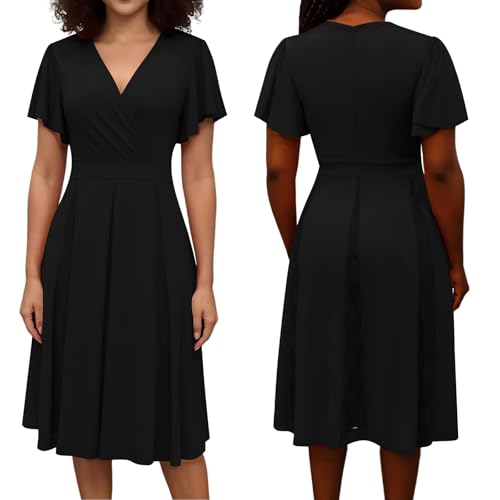 Image of Womens Black Cocktail Prom Dresses 2025 Summer Sexy V Neck Lace Maternity Clothes Formal Wrap Wedding Guest Bridesmaid Midi Dress,X-Large