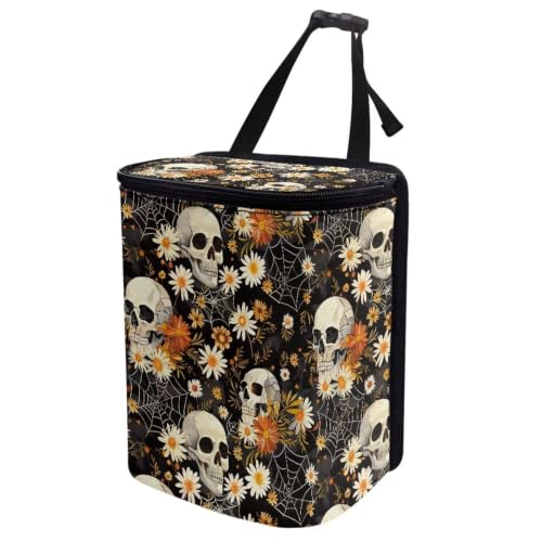 Image of Daisy Skeleton Skull Print Car Trash Can with Lid Proof Organizer and Storage Bag Car Garbage Can with Adjustable Straps for Cars Truck,SUV