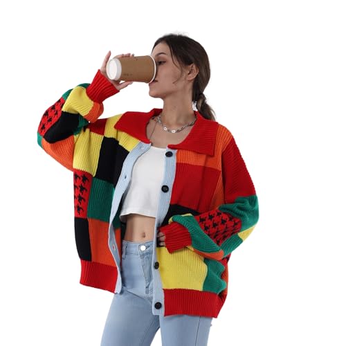 Women’s Color Block Patchwork Cardigan Oversized Crochet Cardigan Sweater Long Sleeve Knitted Button Clothing2