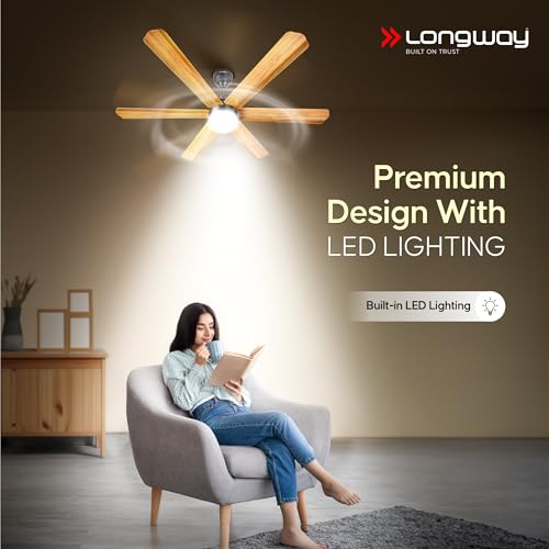 Image of Longway Luminair Max 1200 mm BLDC Ceiling Fan with Remote Control & LED Light|BEE 5 Star Rated Energy Efficient|Ultra High Speed 6 Blade Anti-Dust Decorative|5 Years Warranty (Golden Birch, Pack of 1)
