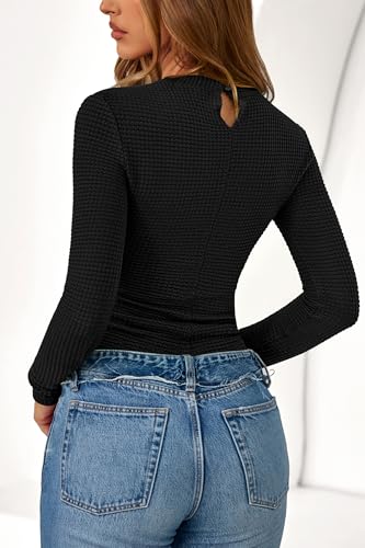 PRETTYGARDEN Womens Tops 2025 Fall Long Sleeve Fitted T Shirts Waffle Ruched Crop Shirt Basic Knit Workout Y2k Clothes3