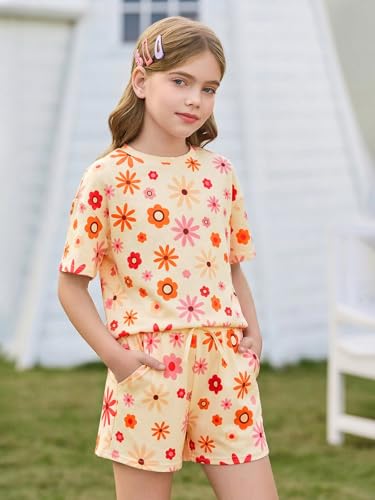 Image of Haloumoning Girls Summer 2 Piece Outfits Kids Oversized T Shirts and Shorts Clothing Sets 5-14 Years