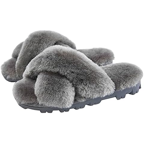 CLPP'LI Womens Cross Band Fluffy Fuzzette Slippers - Grey - 9 Cover