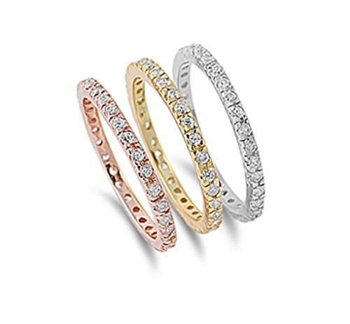 CloseoutWarehouse Clear Cubic Zirconia Set of 3 Stackable Eternity Ring Tri Color Plated Sterling Silver Size 10