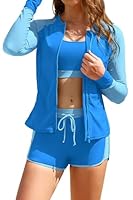 SHEKINI Damen 3-teilige Rash Guard Langarm Bademode Reißverschluss Badeanzug mit Bikini Top mit Seil Elastische Boyshorts