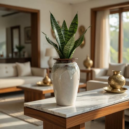 Image of Ceramic Flower Pots for Garden | Big Size Planters for Home Decor, Living Room, Balcony & Office | Multi Utility Vase Gamla for Indoor Outdoor Plants (Hand-Painted, White, 10 Inch)