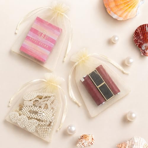 Image of ANZNKU 100 Pack Ivory Organza Bags 5x7 In, Small Mesh Gift Bags Bulk with Drawstring for Jewelry Candy Sachet Soap, Goodie Pouches for Wedding Baby Bridal Shower & Birthday Party Favors