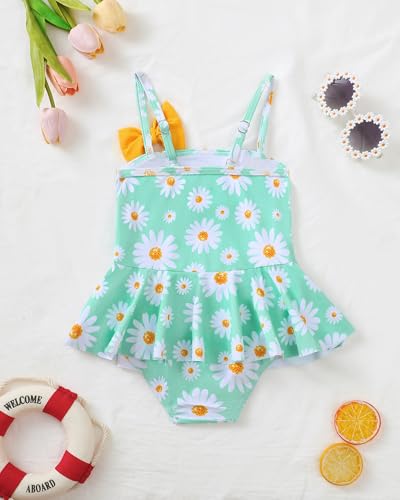 Image of Toddler Girl Swimsuit Baby Girl Bathing Suit Long Sleeve Floral Zipper One-Piece Rash Guard Swimsuit with Hat