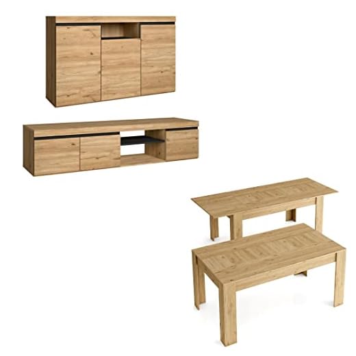 Skraut Home | Muebles de Salón | Modelo Naturale | Aparador, Mueble para TV, Mesa de Centro y Mesa Comedor Extensible | Estilo Nórdico | Color Roble y Negro