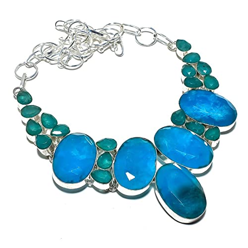 Collier calcédoine bleue taillée main bijoux argent femme 18 pouces