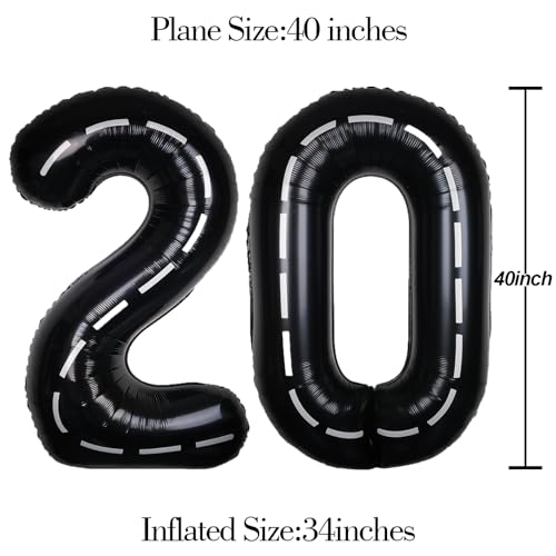 Image of Race Car 40 Inch Black 20 Big Large Helium Balloon Number 0-9 | Track Giant Digital 20th Foil Mylar Party Balloons for Men Birthday Car Theme Party Anniversary Graduation Decorations