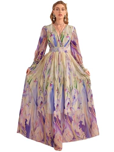 Image of TOLEEN Summer Casual Dresses for Women 2024 Spring Fashion Boho V Neck Long Sleeve Ruffle Floral Print Elegant Maxi Dress