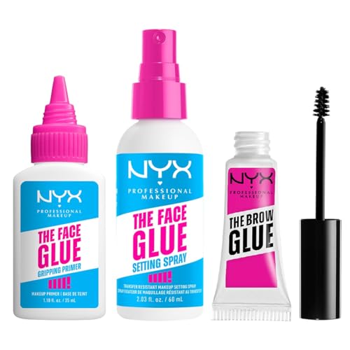 NYX Professional Makeup-Set für langanhaltendes Make-Up: Face Glue Primer, Face Glue Setting-Spray & Brow Glue, Für maximal fixierte Looks
