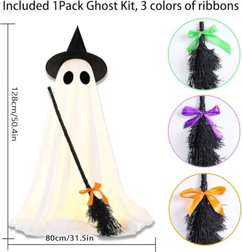 Fantôme effrayant avec balai de sorcière et éclairage LED autonome