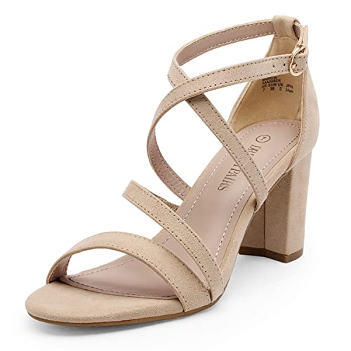 DREAM PAIRS Women’s Ankle Strap Dress Pump Low Chunky Heel Sandals 5.5 Nude/Suede