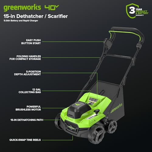 Image of Greenworks 40V 15-Inch 2-in-1 Dethatcher & Scarifier, 5.0Ah Battery & Rapid Charger Included, Brushless Motor, 5-Position Depth Adjustment