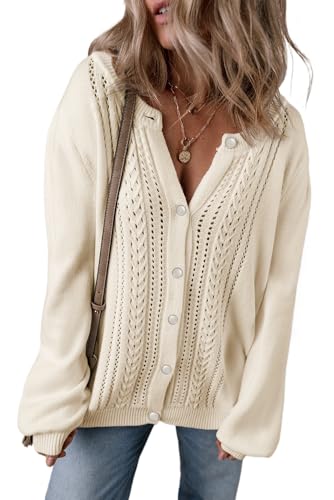 Women's Apricot Pleated Sleeve Hollow Detail Button Sweater Cardigan