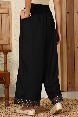 Image of Black Solid Rayon Parallel Pants with Embellished Organza Hemline