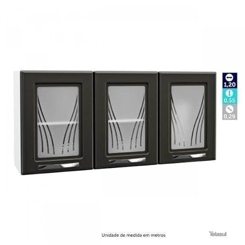 Armário Aéreo 3 Portas com Vidro Médio Star New Telasul Branco/preto