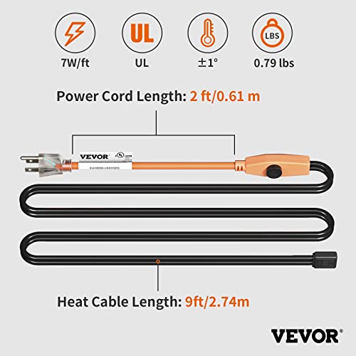 Vevor Pipe Heating Cable, 9-Feet 7W Heat Tape For Pipes With Built-In Thermostat, Protects Pvc Hose, Metal And Plastic Pipe From Freezing, 120V #TOP6