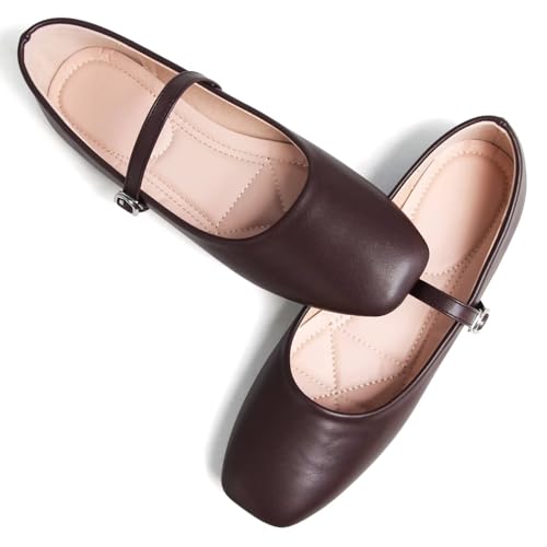 Image of TN TANGNEST Women's Mary Jane Shoes Ballet Shoes for Women Comfortable Round Toe Slip On Flats Ankle Strap Flats Coffee 40(8)