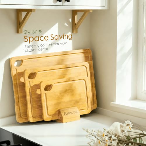 Image of Astercook Nature Bamboo Cutting Boards for Kitchen with Wood Storage Stand, Reversible Charcuterie & Chopping Boards with Juice Grooves and Easy-Grip Handles