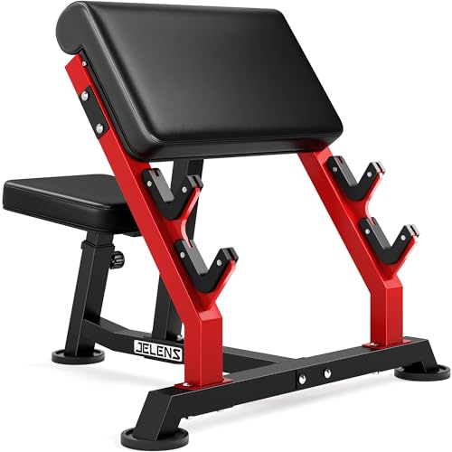 JELENS Preacher Curl Bench Bicep Strength Training Bench for Barbell and Dumbbell Seated Preacher Curl Machine for Arm Workout Adjustable Weight Bench with 2 Bar Holders (Red Classical Bench)
