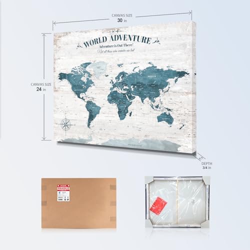Image of IPIC - Antique Blue World Travel Map, Pin Board Canvas Wall Art, Travel Map with Pins Included, Ready to Hang for Home or Office, 30x24 Inch