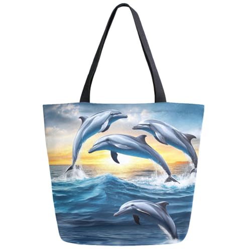 Painting Dolphins Jumping Out Of Ocean Extra Large Canvas Gym Shoulder Tote,Durable Daily Reusable Top Handle Bag for Mens Womens Yoga Weekender Picnic Beach Travel Market Shopping