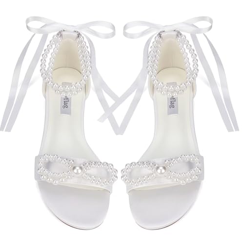 Flat Wedding Shoes for Bride Pearl Sandals Open Toe Wedding Flats Double Bowknots Bridal Flats2