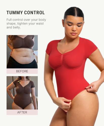 Image of FeelinGirl Short Sleeve Shapewear Bodysuit for Women V Neck Tummy Control | Sweetheart Neckline, Seamless, Going Out Tops, Thong, Plus Size, Soft
