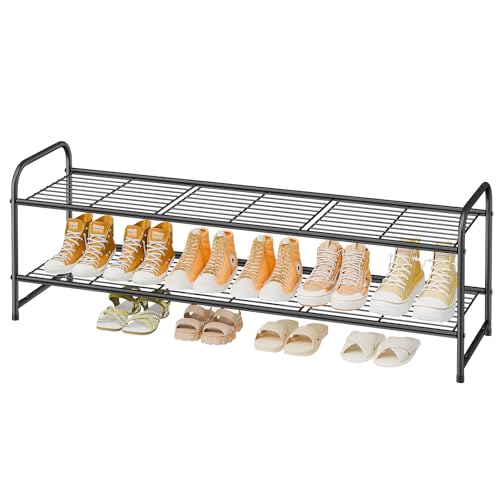 Image of 2 Tier Shoe Rack for Closet, 44 Inch Extra Wide Shoe Storage Organizer for Shelves, Heavy Duty Metal, Easy Assembly, Black