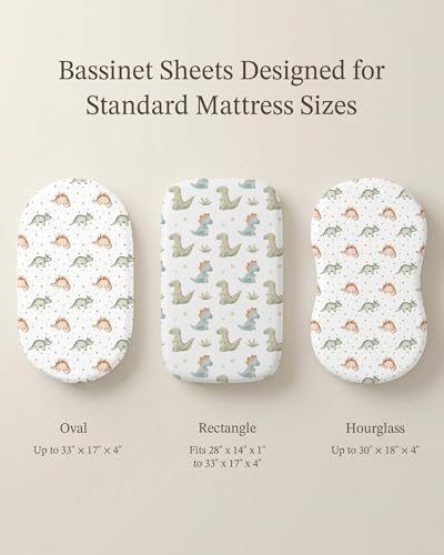 Image of Bassinet Sheets for Baby Girls Boys 2 Pack, Fitted Baby Mattress Sheet for Rectangle, Oval, Hourglass Bassinet Mattress, Breathable Cozy & Universal Fit (Tiny Dinos, Bassinet Sheet)