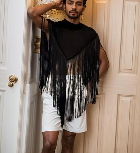 Men's Long Tassel Shrug Shoulder Pads Tank Top Clubwear Disco Rave Outfits Patchwork Sequins Fringe Outwears3